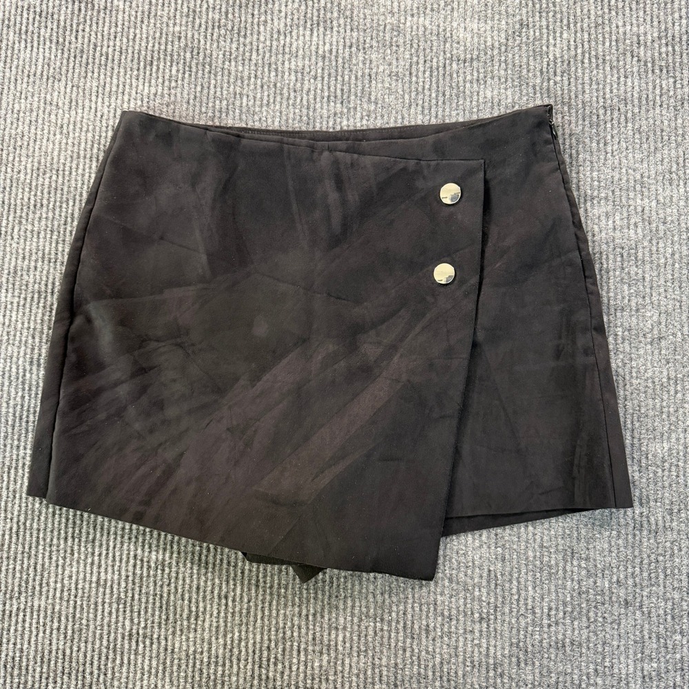 Zara Women Faux Suede Wrap Skort XL Black Asymmetrical Button Detail